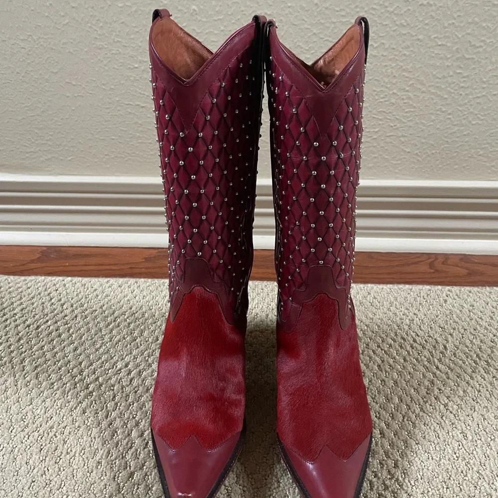 RARE Donald Pliner Ruby Red Hair On Hide Western Boots (8) - Picture 8 of 14